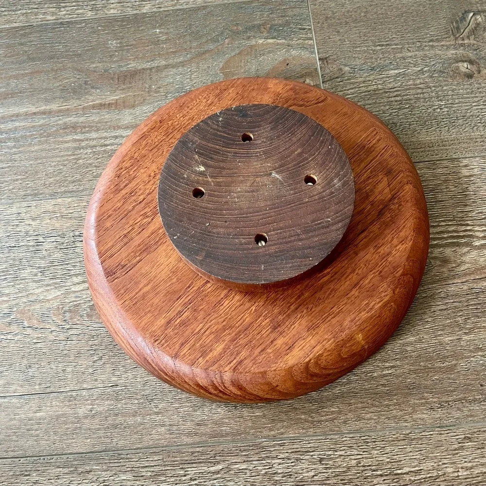 Vintage Teak Wood Lazy Susan Carousel Serving Bowl 12
